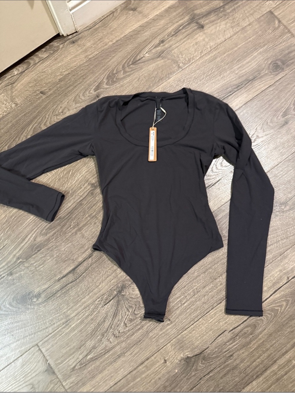 SKIMS Black Long Sleeve Scoop-Neck One-Piece Swim Bodysuit